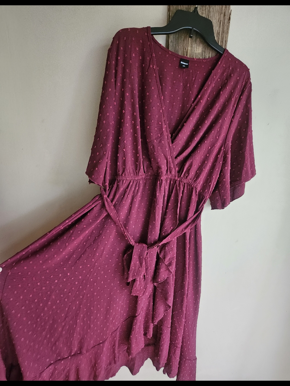Burgundy Swiss Dot-Texture Faux Wrap Midi Dress, 3XL